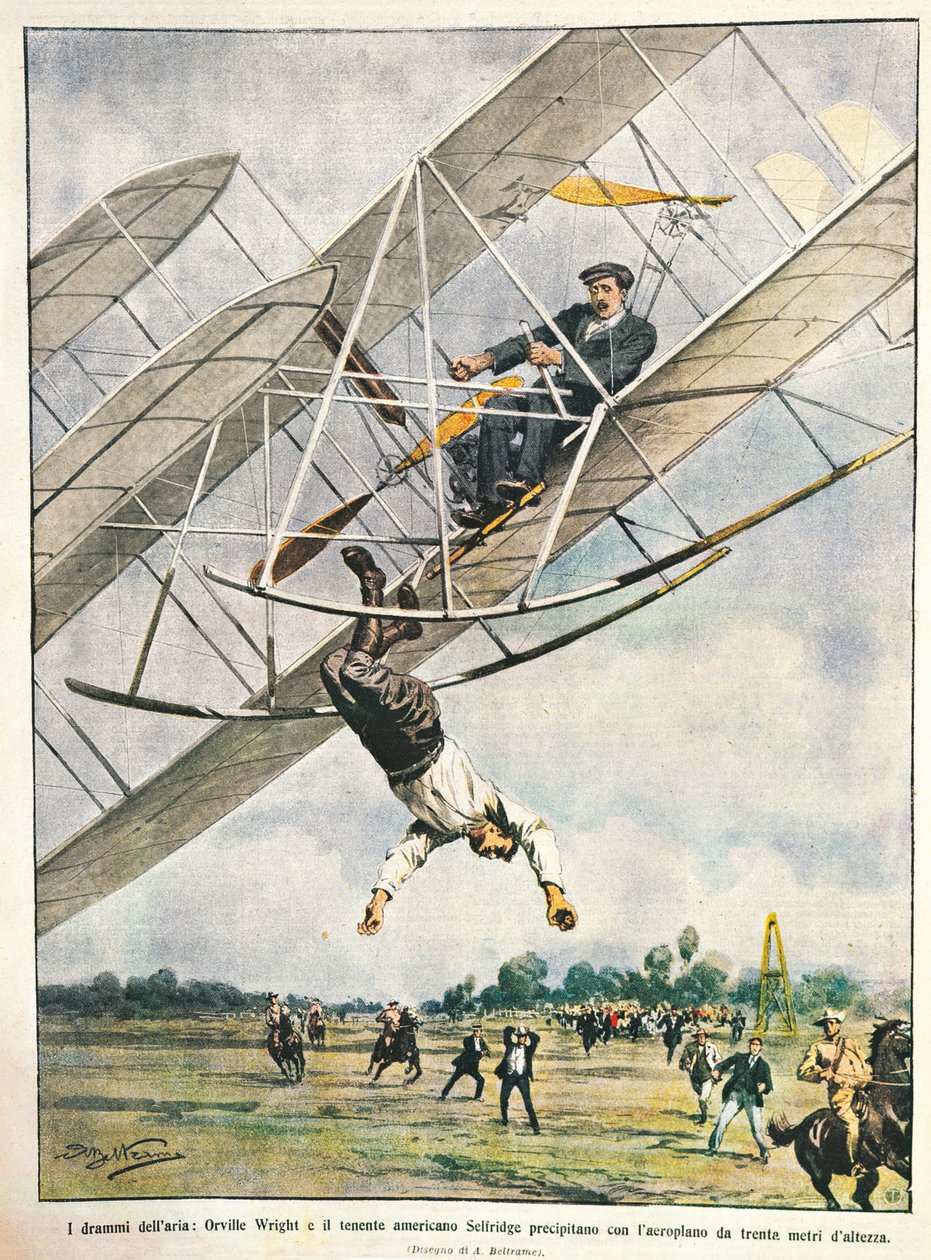 Orville Wright et le lieutenant Seliridge plongeant avec un biplan de trente mètres, États-Unis d