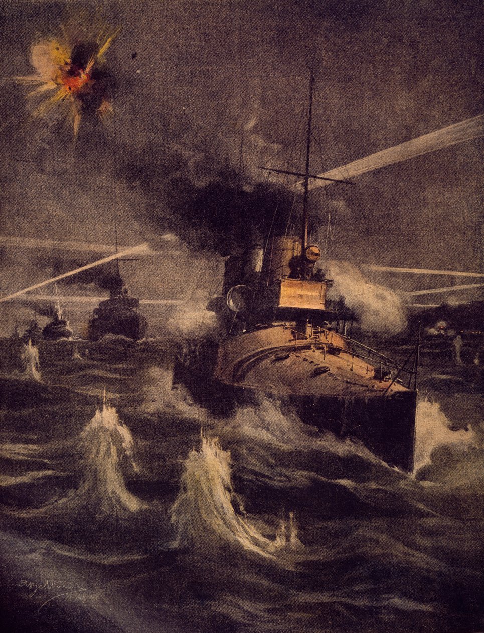Nos torpilleurs faisant une incursion audacieuse dans les Dardanelles sous le feu ennemi - Achille Beltrame