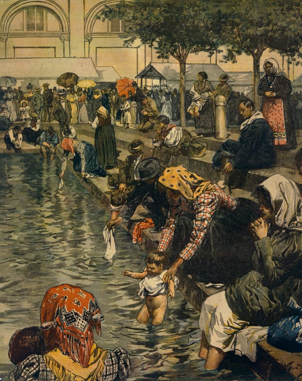 Pèlerinage à Caravaggio : Baignade dans les eaux miraculeuses, par Achille Beltrame, de La Domenica del Corriere - Achille Beltrame