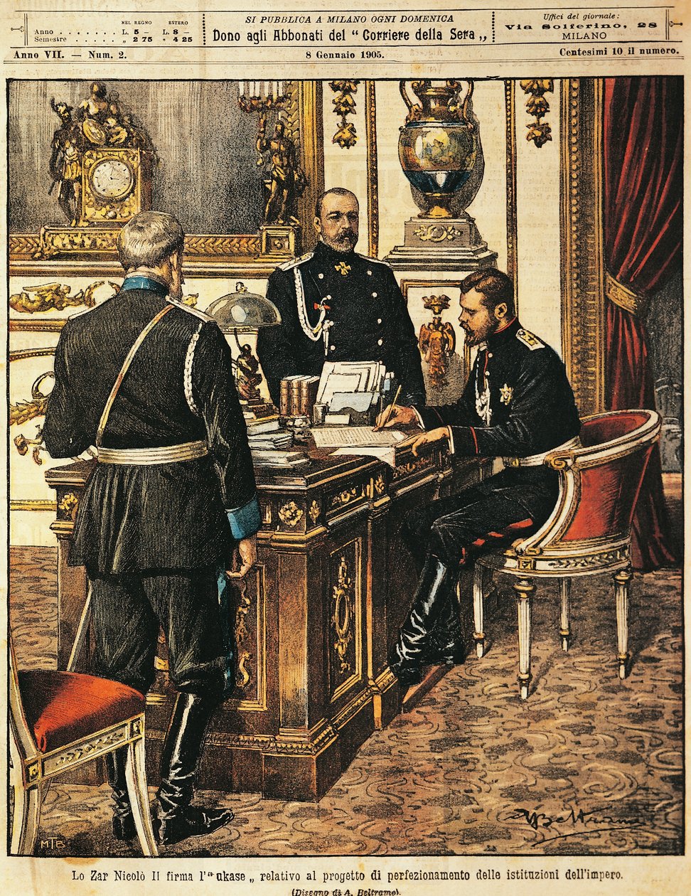 Le tsar Nicolas II signant le projet de réformes institutionnelles, de La Domenica del Corriere, 8 janvier 1905 - Achille Beltrame