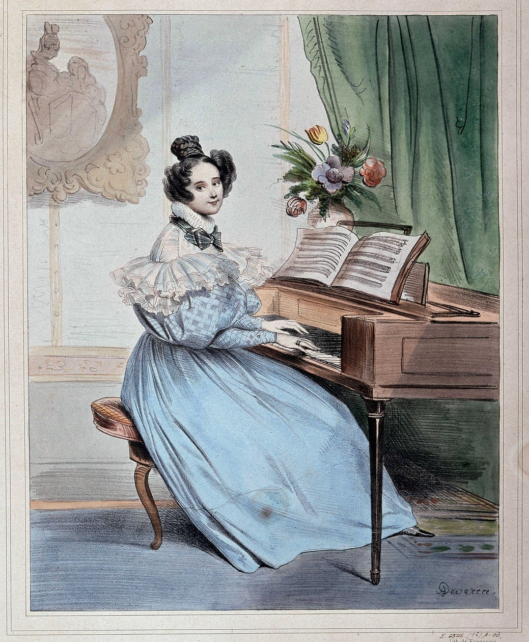 Sept heures du soir, femme au pianoforte par Devéria, début du 19e siècle - Achille Devéria