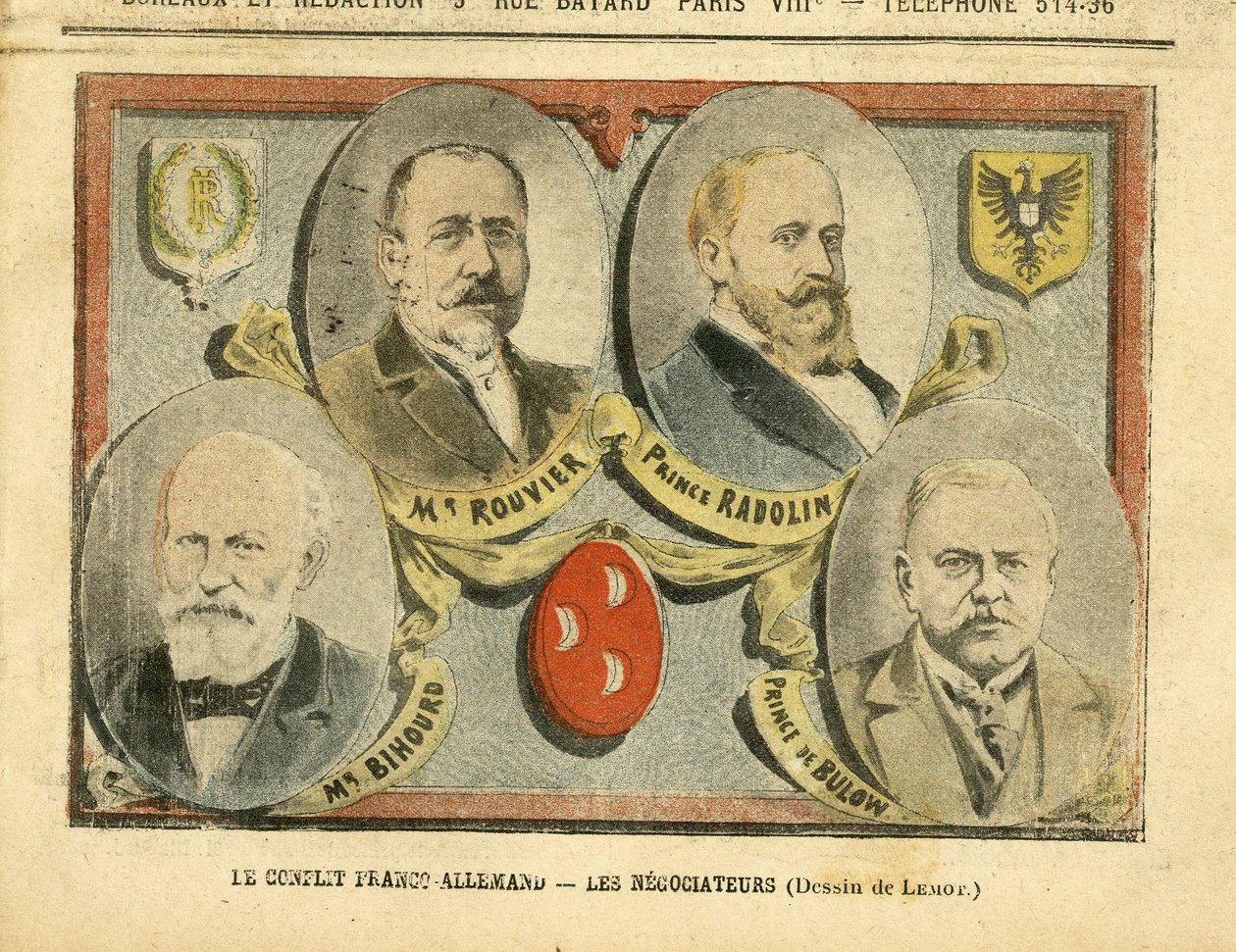 Illustration de Achille Lemot (1846-1909) dans Le Pèlerin, 09/07/05 - Le conflit franco-allemand les négociateurs - Colonisation Colonialisme Colonies, Allemagne Prusse, Maroc, France, Tanger - Rouvier Maurice (1842-1911), Bulow Bernhard von (1849-1929), R - Achille Lemot