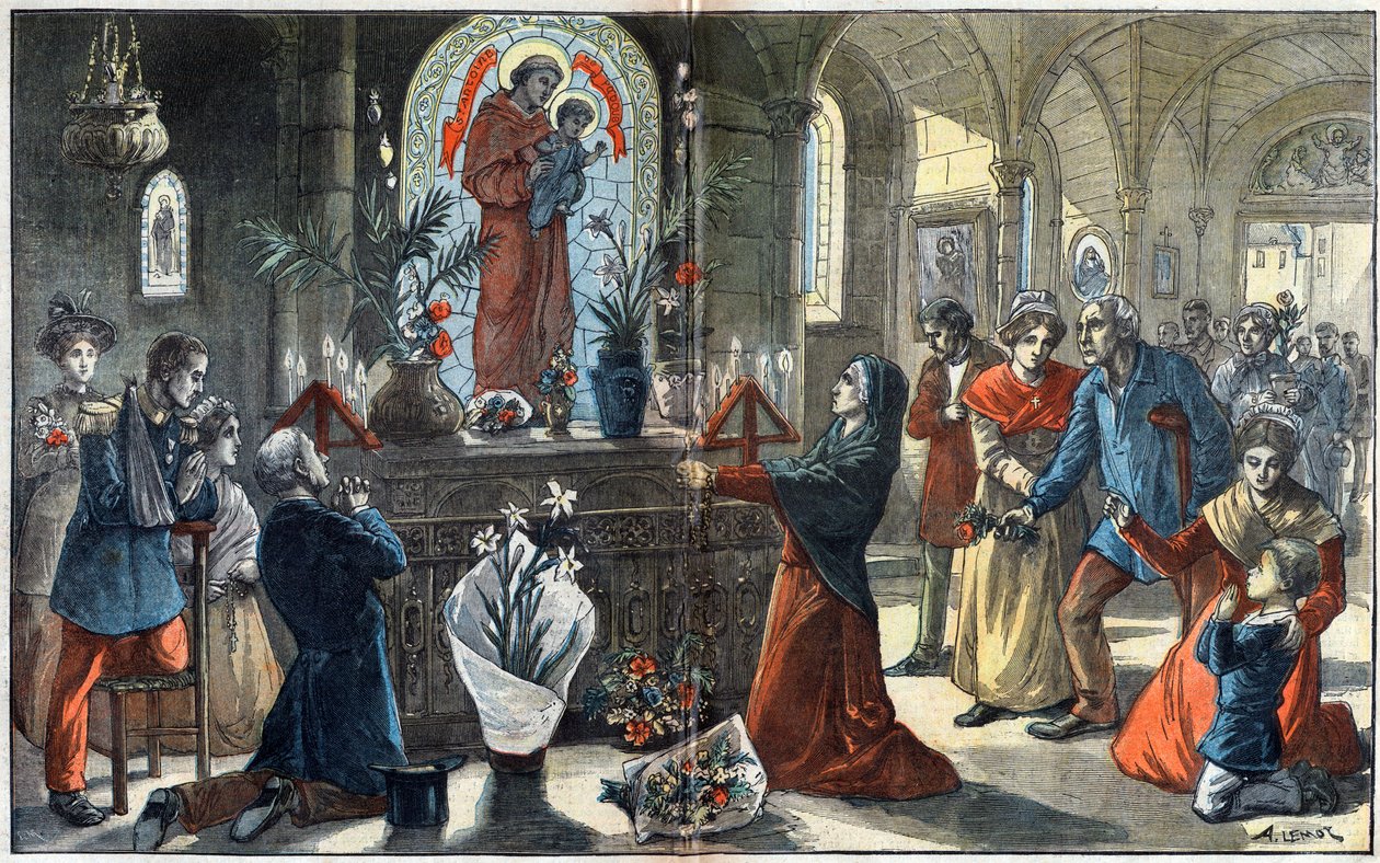 La dévotion à Saint Antoine de Padoue réunit devant son autel toutes les classes de la société - Illustration par Achille Lemot dans « Le Pèlerin » de 1896 - Achille Lemot