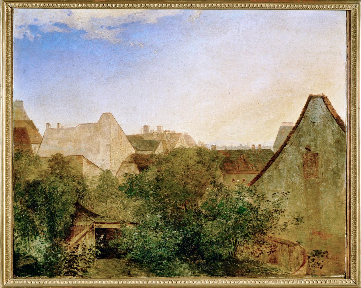 Blick ueber Wiener Vorstadthaeuser - Vue sur la banlieue de Vienne ... (peinture sur bois) - Adalbert Stifter