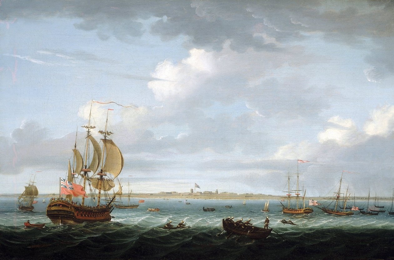 Navigation au large de Madras (Inde), avec une description du port et de la ville et le drapeau britannique flottant sur le Fort Saint George - Adam Callander