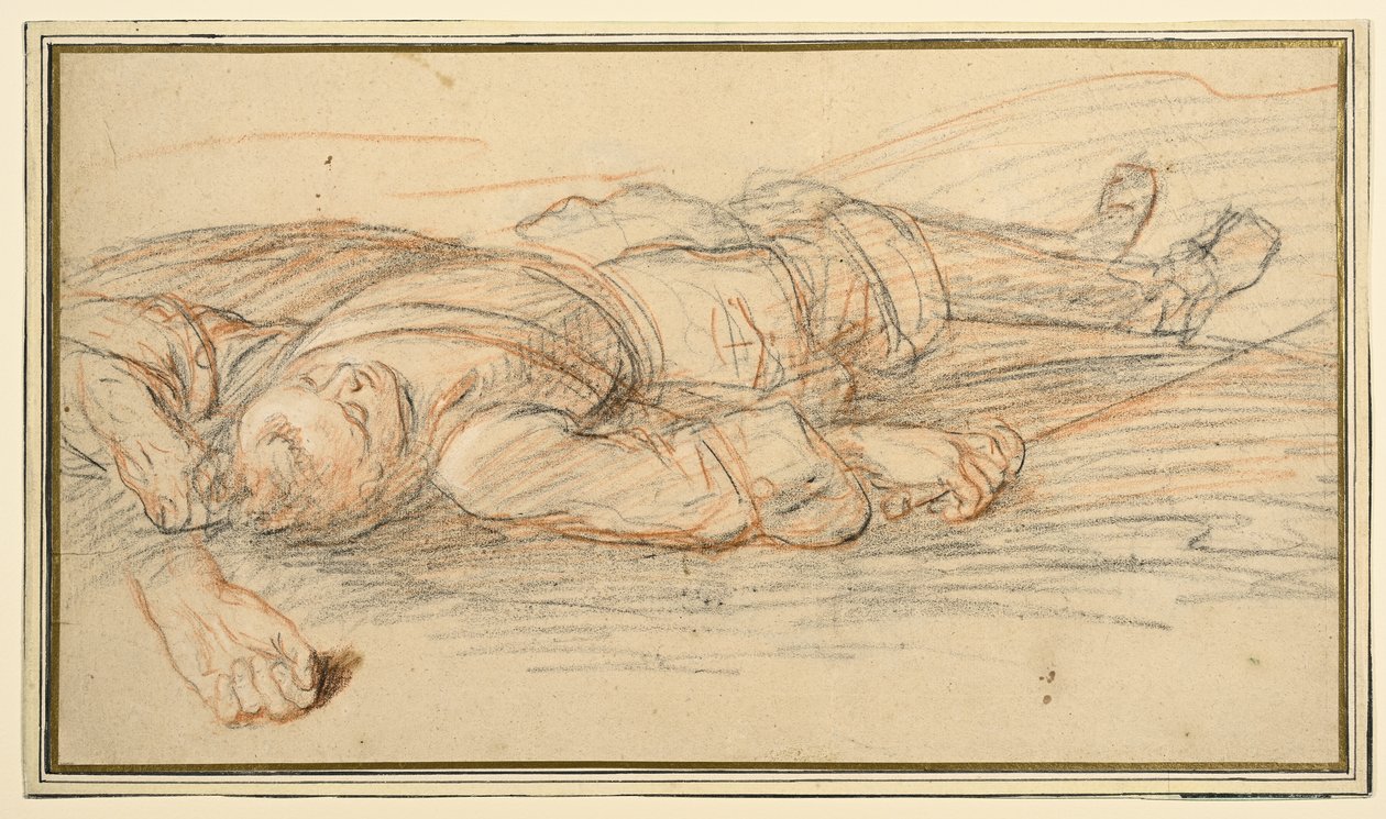 Étude pour un guerrier allongé sur le champ de bataille, et une étude supplémentaire de la main gauche - Adam Frans van der Meulen