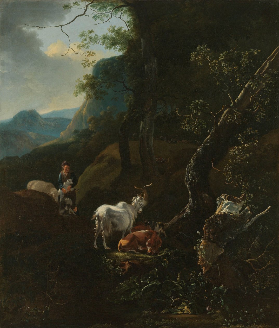 Une bergère avec des animaux dans un paysage montagneux - Adam Pynacker