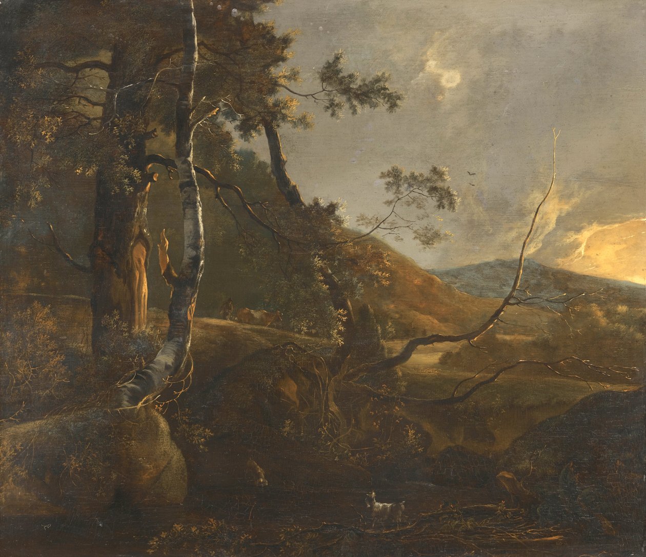 Paysage boisé avec un berger sur un chemin et une chèvre solitaire - Adam Pynacker