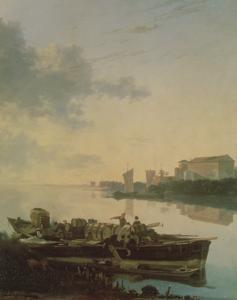 Une barge en bois sur la rivière au coucher du soleil - Adam Pynacker