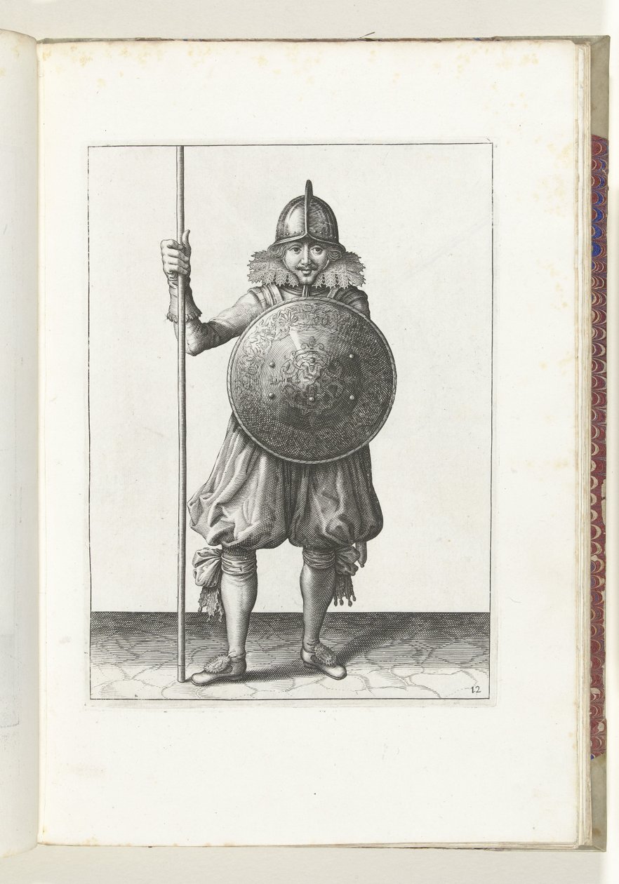 Exercice avec bouclier et lance : le soldat ramène la lance en position de repos en trois temps, troisième mouvement (n° 12), 1618 - Adam van Breen