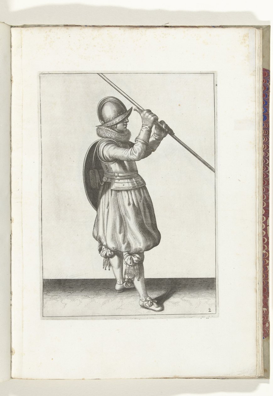 Exercice avec bouclier et lance : le soldat avec la lance en diagonale dans les deux mains et le bouclier sur le dos (n° 2), 1618 - Adam van Breen