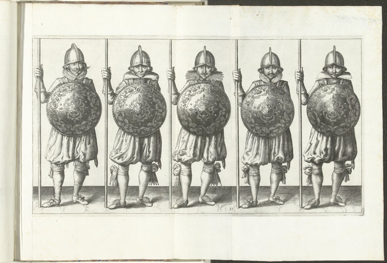 Exercice avec bouclier et lance : cinq soldats debout côte à côte avec la lance dans la main droite reposant sur le sol et le bouclier devant la poitrine (n° 31), 1618 - Adam van Breen