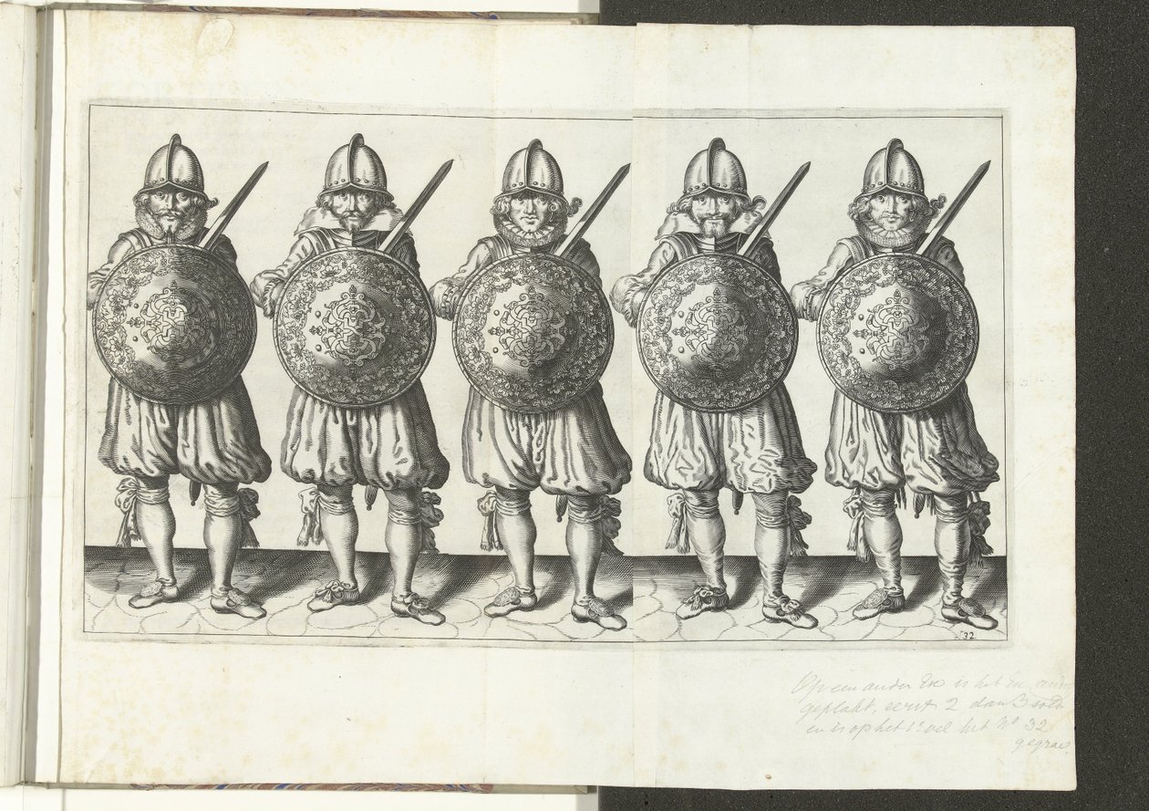 Exercice avec bouclier et lance : cinq soldats alignés avec le rapière dans la main droite et le bouclier sur la poitrine (n° 32), 1618 - Adam van Breen