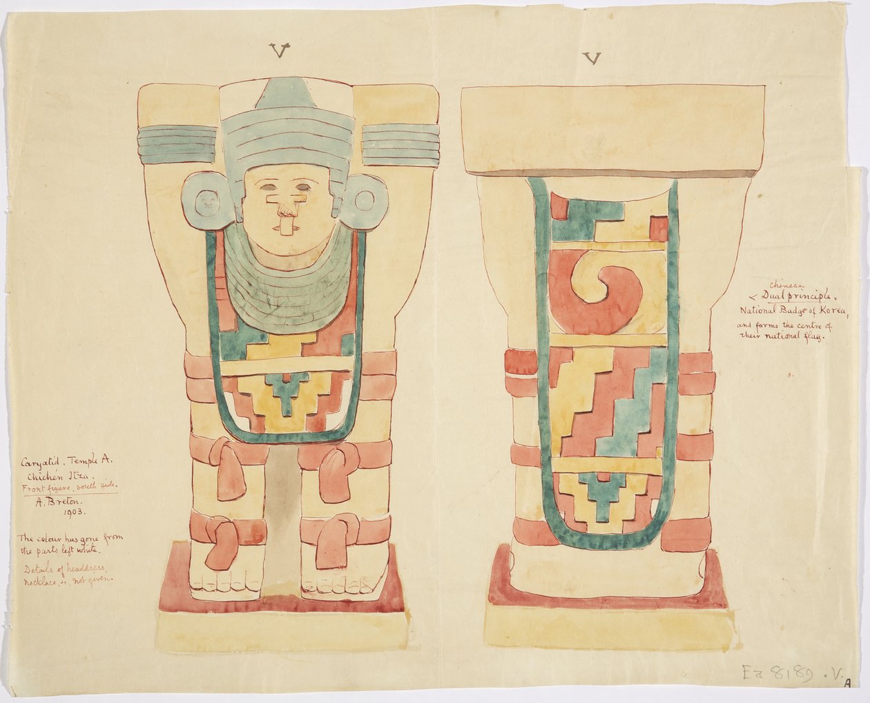 Caryatide de la chambre extérieure, Temple supérieur des Jaguars (Temple A), terrain de jeu de balle, Chichen Itza - Adela Breton