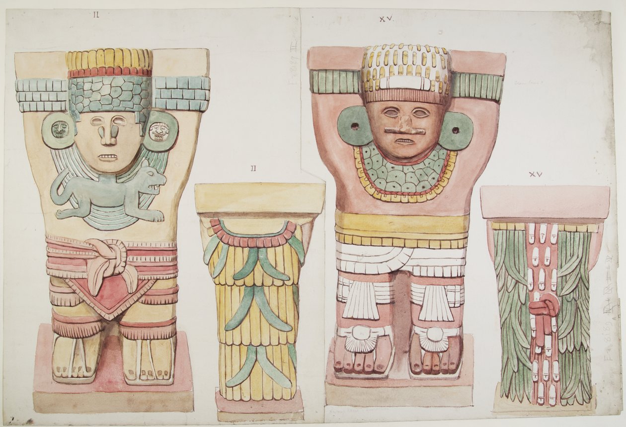 Caryatides II et XV de la chambre extérieure, Temple supérieur des Jaguars, Chichen Itza, Mexique - Adela Breton