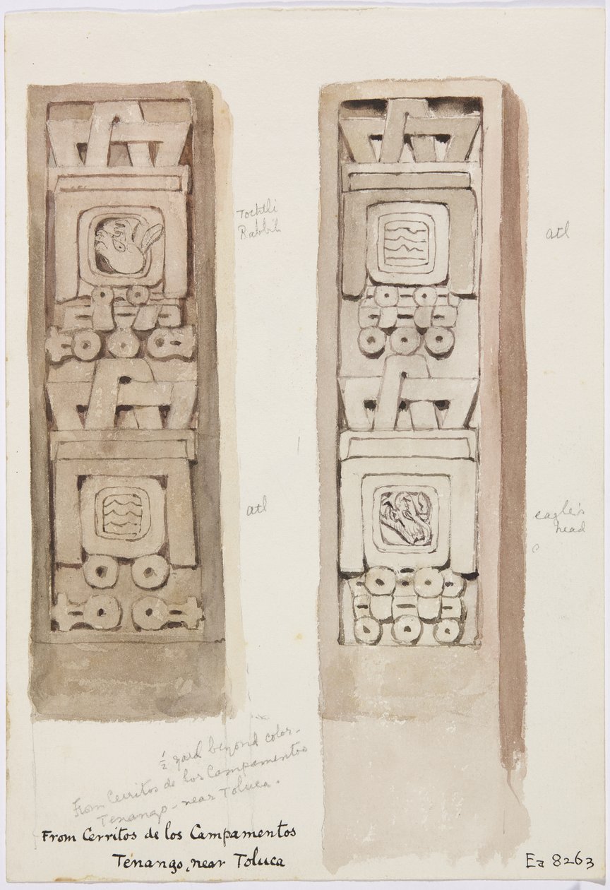 Deux colonnes montrant des reliefs en pierre, Cerritos de los Campamentos, Tenago, près de Toluca, Mexique - Adela Breton