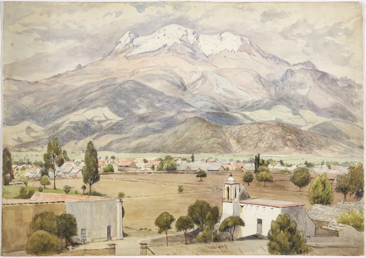 Village au premier plan et montagnes derrière - Adela Breton