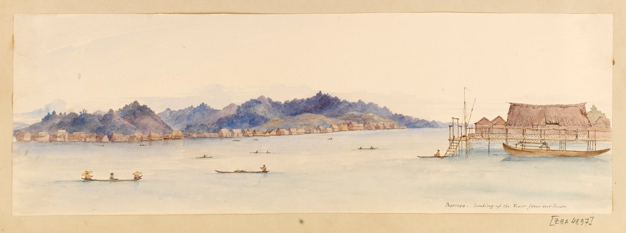 Bornéo - Vue de la rivière depuis notre maison du carnet de croquis des Antilles, Amérique du Nord et Bornéo, c.1845 - Admiral Sir Edward Gennys Fanshawe