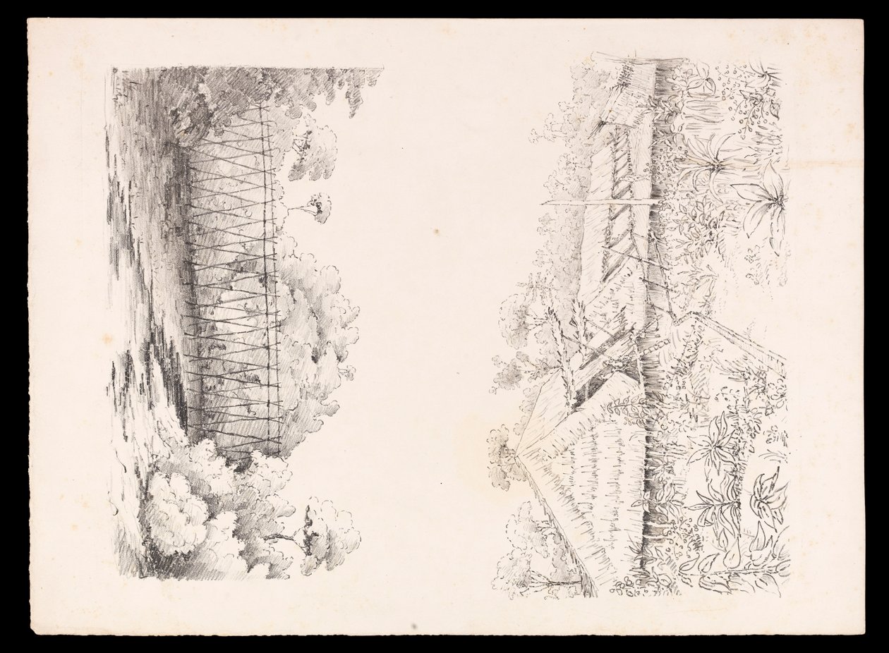 Village de la tribu Stang, Sarawak, Bornéo; et un pont de poteaux sur une rivière du carnet de croquis des Antilles, d