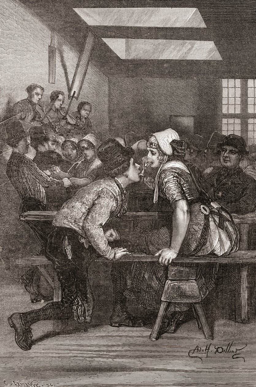 Un jeune homme tient un verre dans ses dents pour que son amante puisse boire, Zélande, Pays-Bas, illustration de 