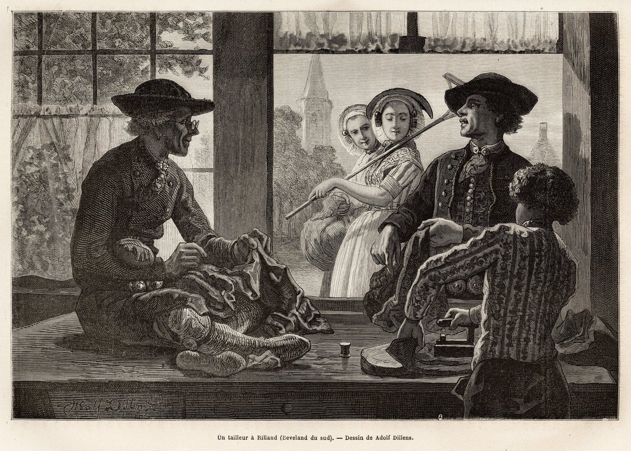 Un tailleur et son apprenti, travaillant au bord de la fenêtre pour profiter de la lumière et du spectacle des passants de la rue, à Rilland (Sud Beveland), gravure d