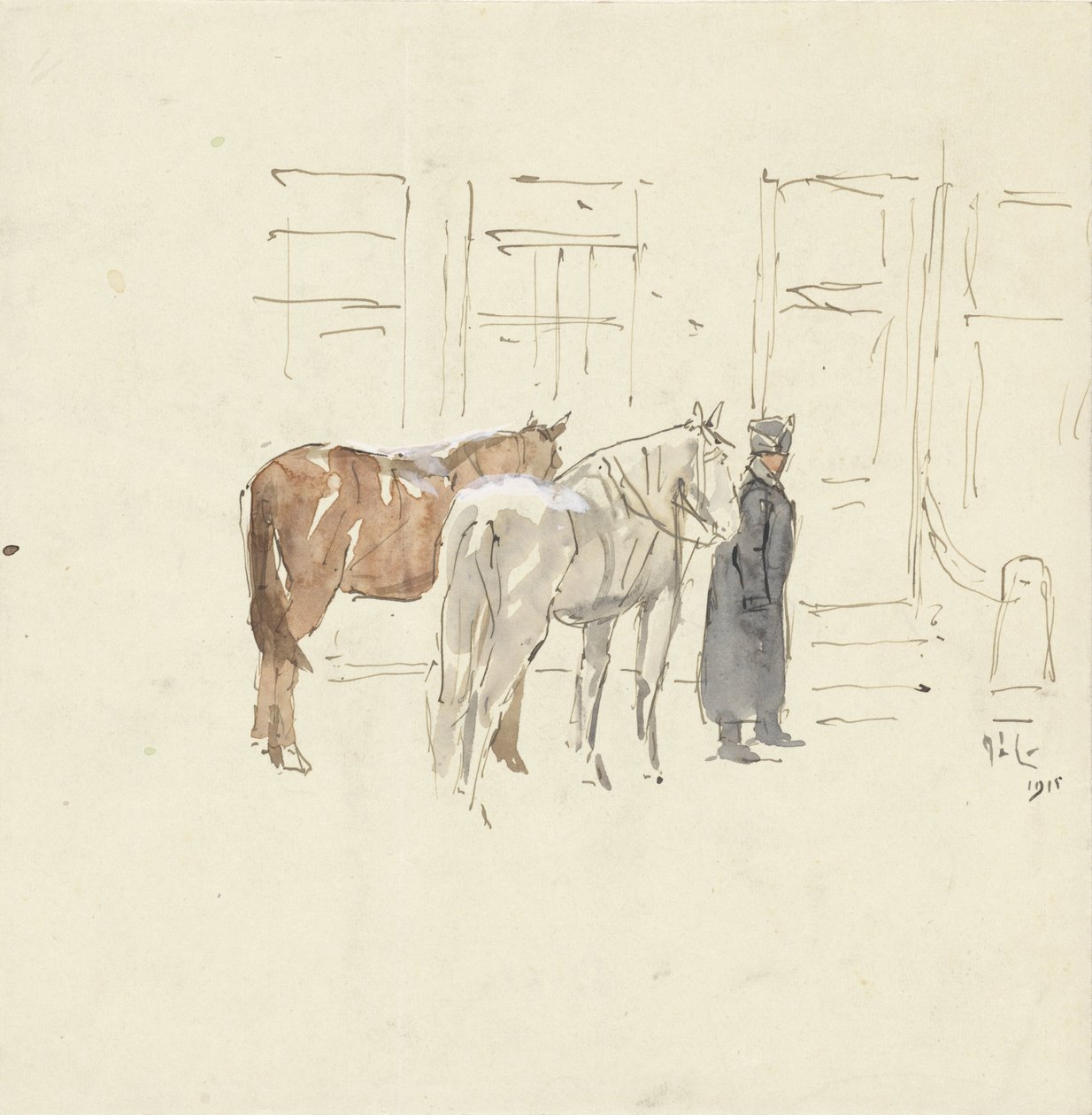Homme avec deux chevaux devant un bâtiment - Adolf le Comte