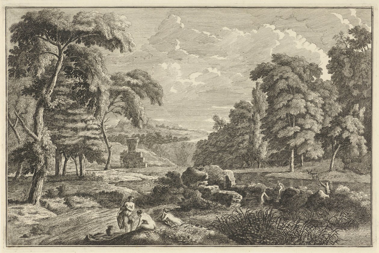Paysage fluvial arcadien avec cinq femmes se baignant et un cerf - Adolf van der Laan