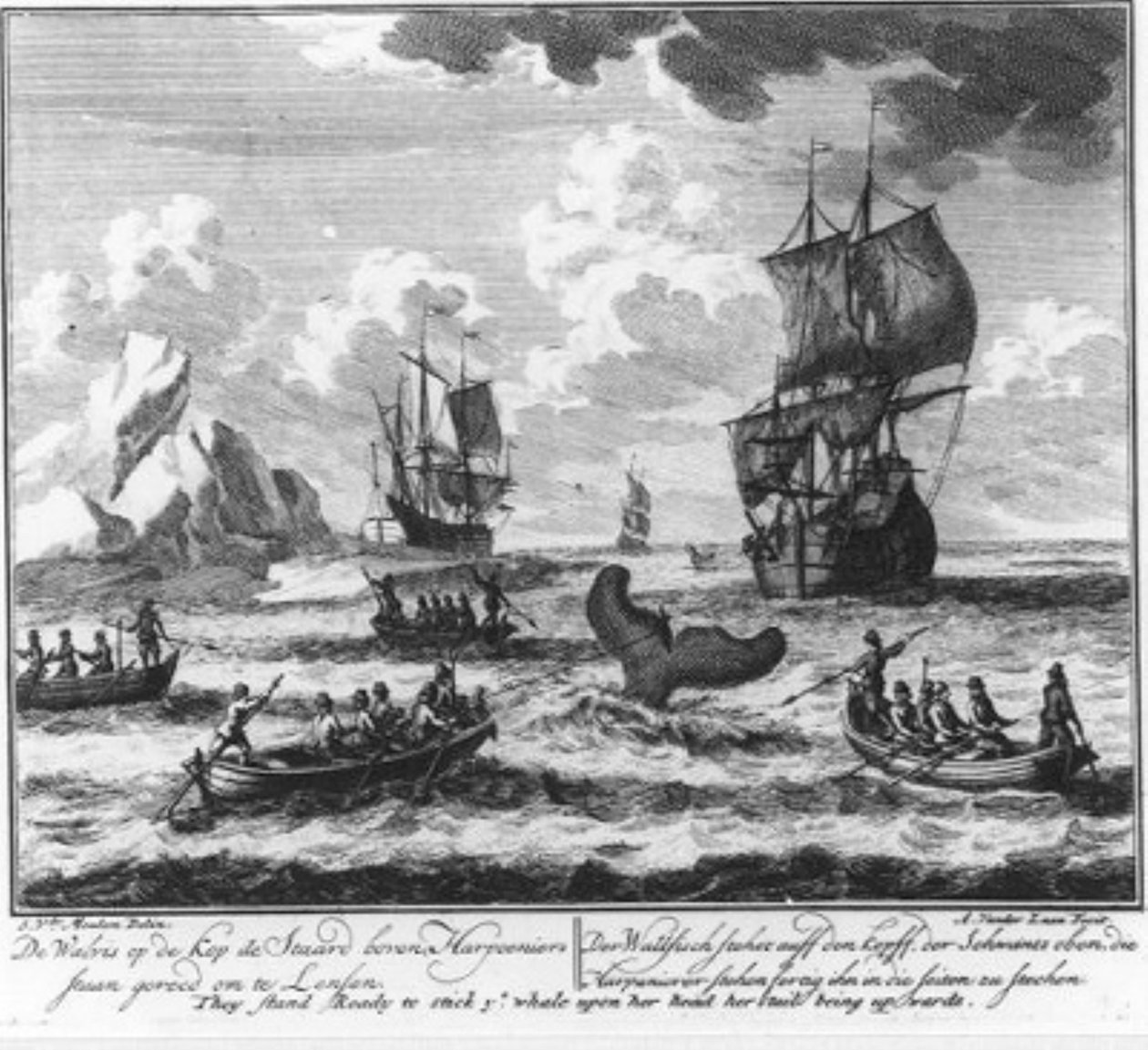 « La baleine la tête en bas, la queue en haut, les harponneurs sont prêts à lancer » (no 5 de la série sur la chasse à la baleine) - Adolf van der Laan