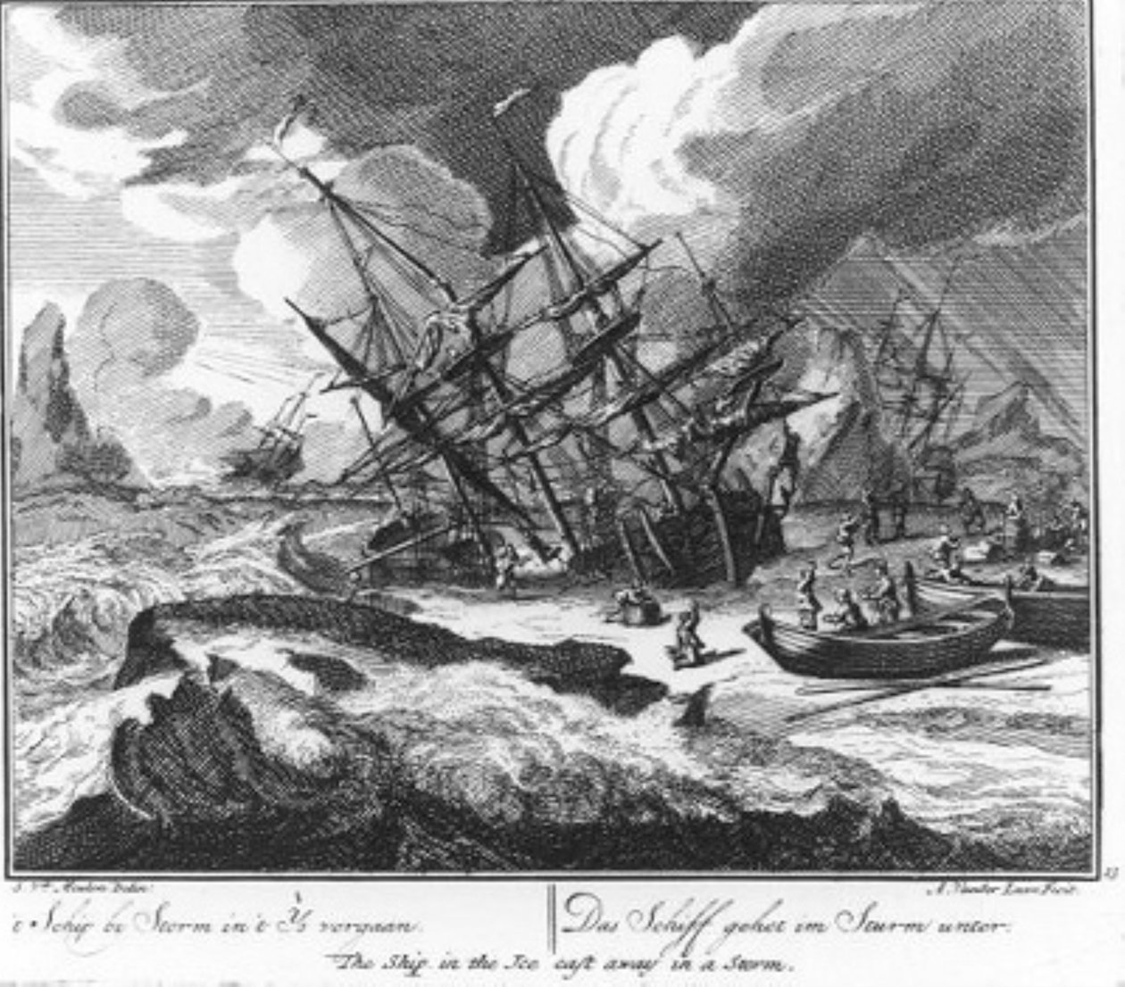 « Le navire perdu dans les glaces pendant une tempête » (n° 13 de la série sur la chasse à la baleine) - Adolf van der Laan