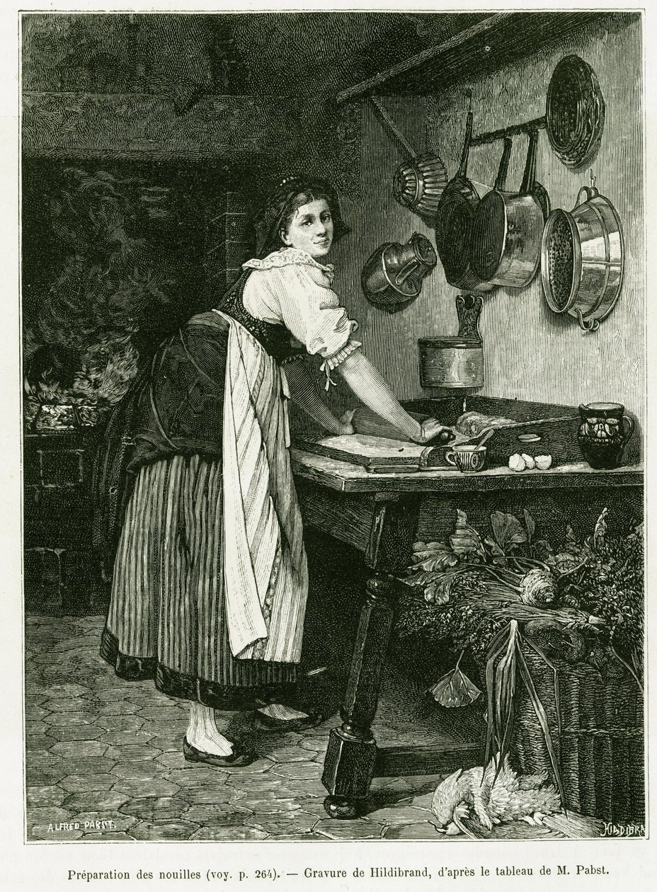 Préparation des nouilles. Gravure par Hildibrand, pour illustrer l