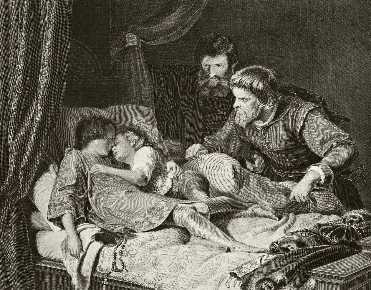 Le meurtre des princes Edward et Richard dans la Tour de Londres, extrait de "The National and Domestic History of England" de William Hickman Smith Aubrey (1858-1916) publié à Londres, vers 1890 (lithographie). - Adolf von Hildebrand