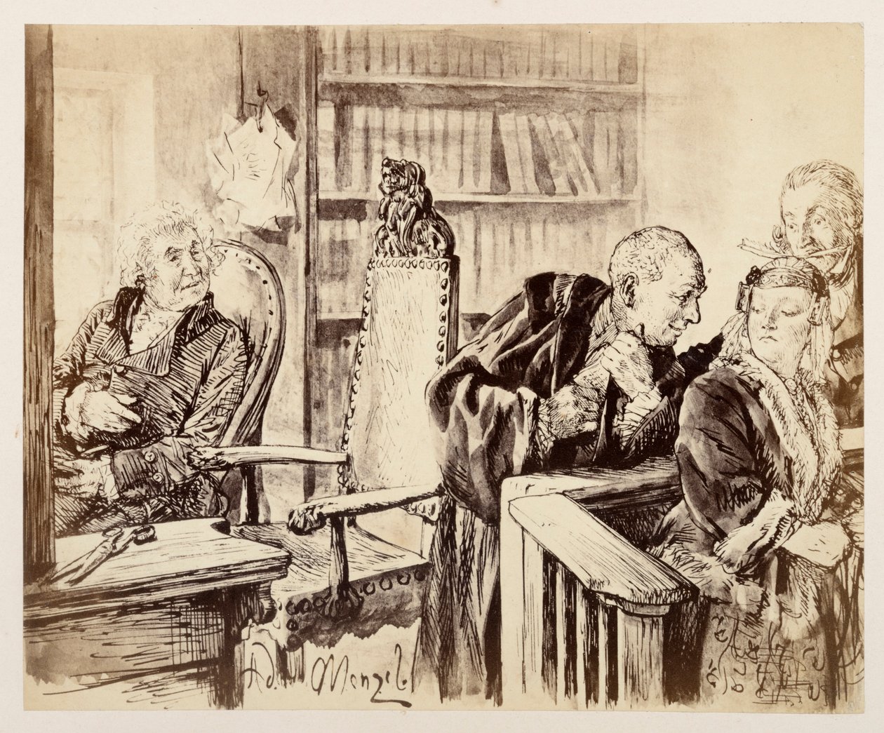 Adam parle secrètement à Eve. Licht écoute. Le conseiller judiciaire rappelle Adam au siège du juge, pour « La Cruche cassée » de Heinrich von Kleist - Adolph Menzel