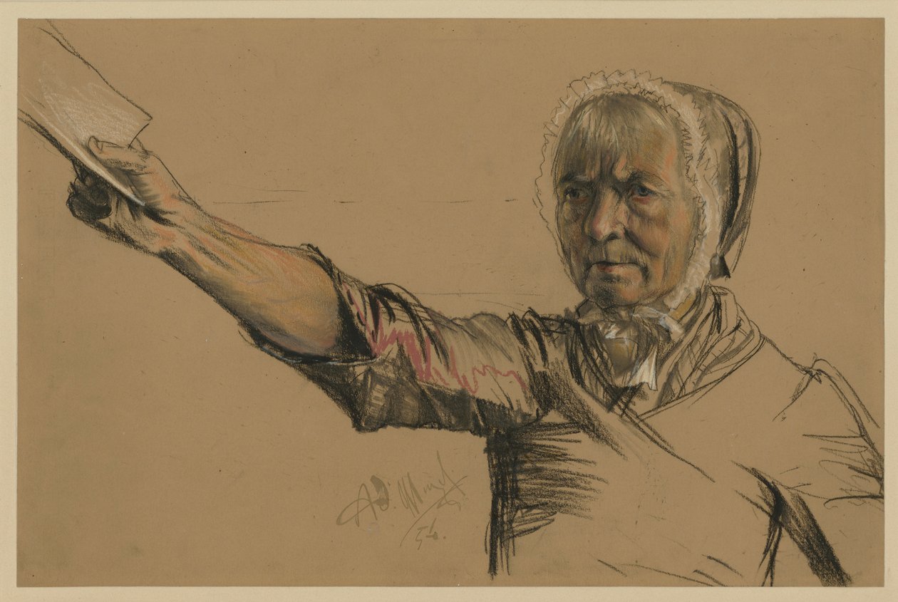 Vieille femme tendant une pétition de la main droite - Adolph Menzel