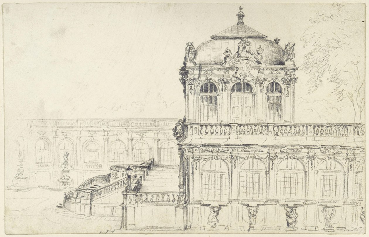 Vue sur le côté étroit du Salon des mathématiques et de la physique et sur la longue galerie est du Zwinger à Dresde - Adolph Menzel