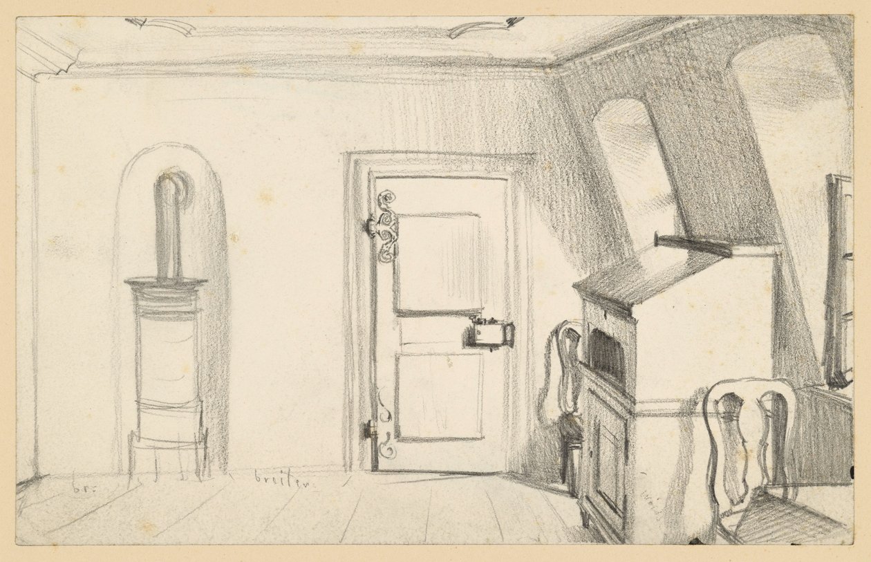 Chambre mansardée avec poêle, porte, secrétaire et chaises dans la maison de Goethe à Francfort-sur-le-Main - Adolph Menzel