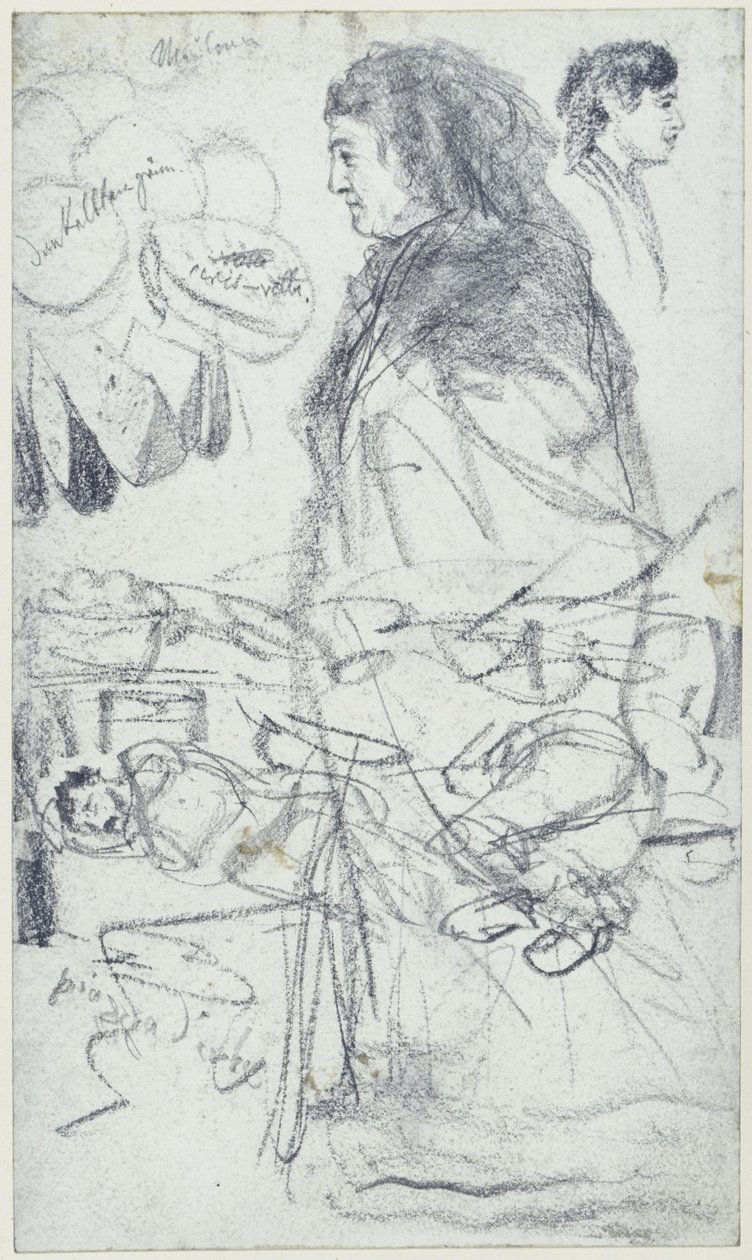 Une femme portant un foulard et une cape, un personnage masculin de profil, des melons et des hommes endormis sur la Piazza d