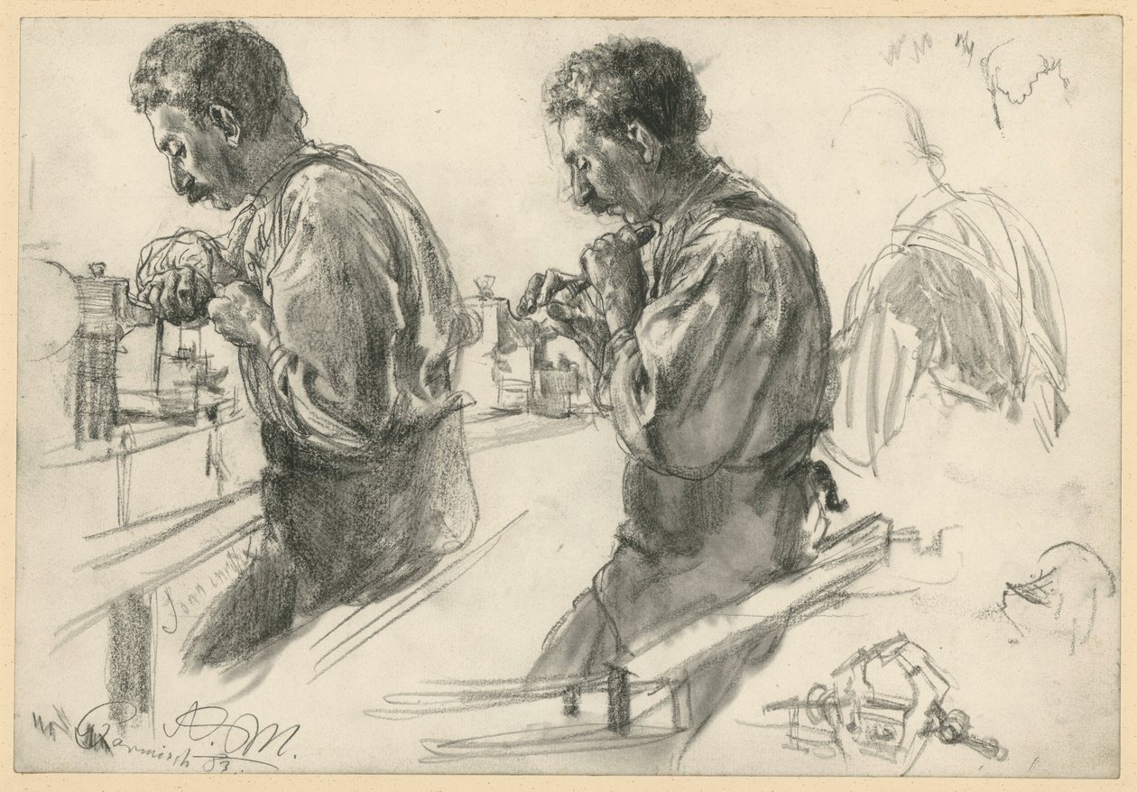 Un tourneur sur son établi, deux études et des détails - Adolph Menzel
