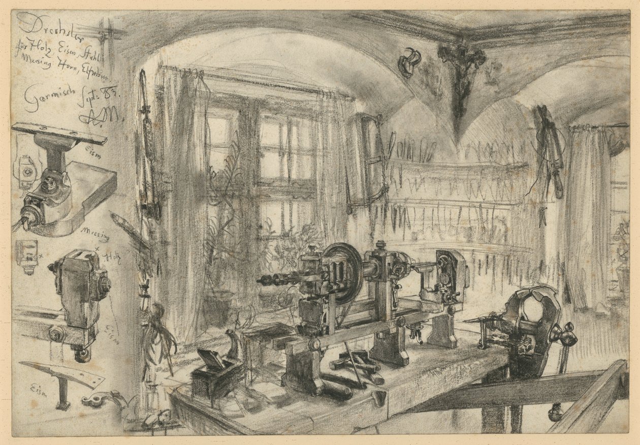Atelier de tournage sur bois à Garmisch, avec des détails - Adolph Menzel