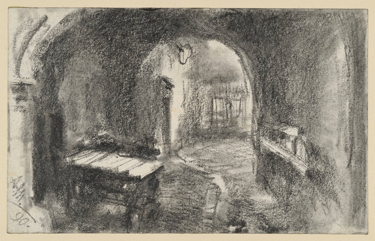 Passage voûté et sombre, avec un chariot à main au fond - Adolph Menzel