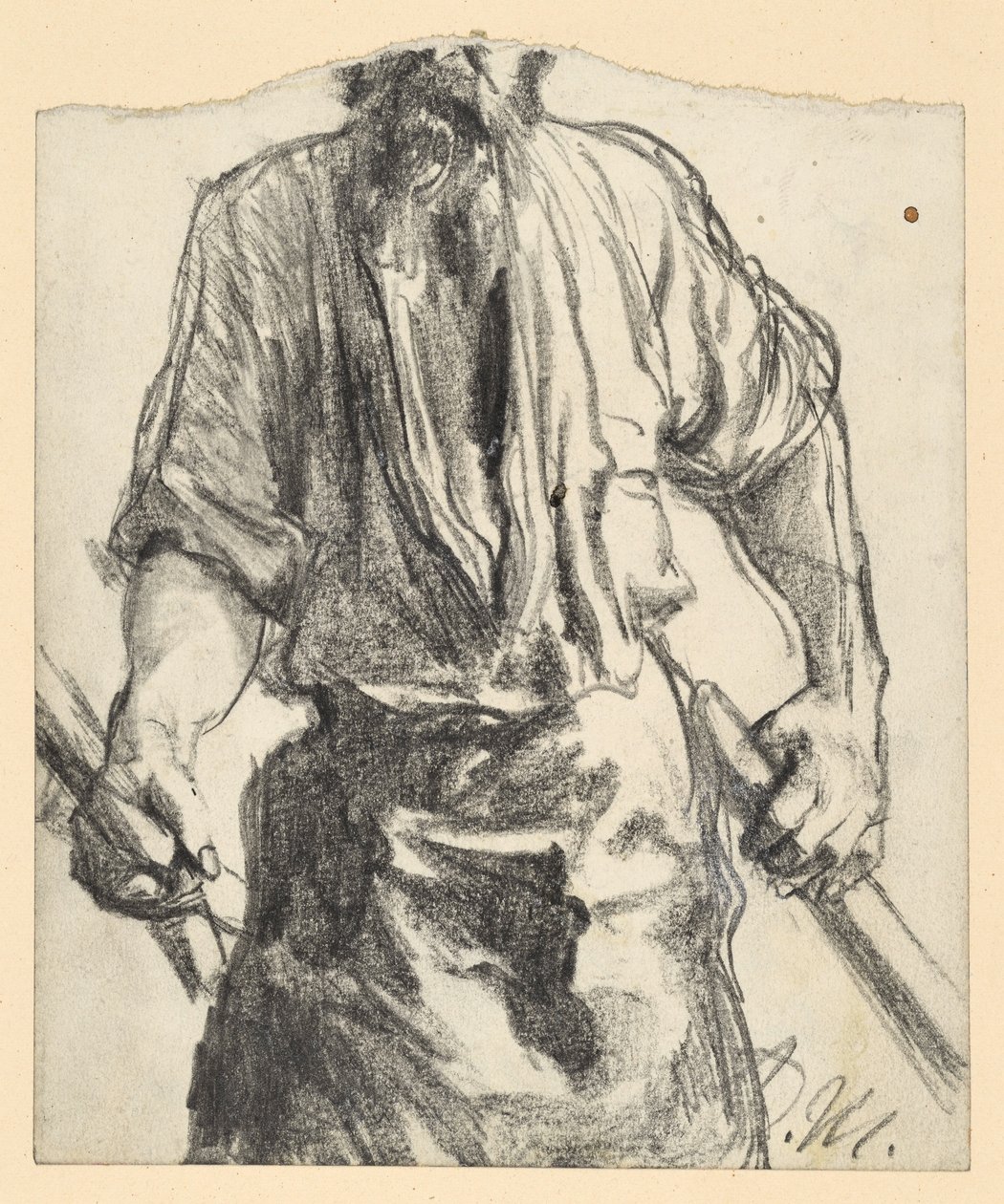 Un ouvrier métallurgiste portant un tablier en peau et tenant des morceaux de bois dans les mains. Étude pour « Le laminoir. Des cyclopes modernes » - Adolph Menzel