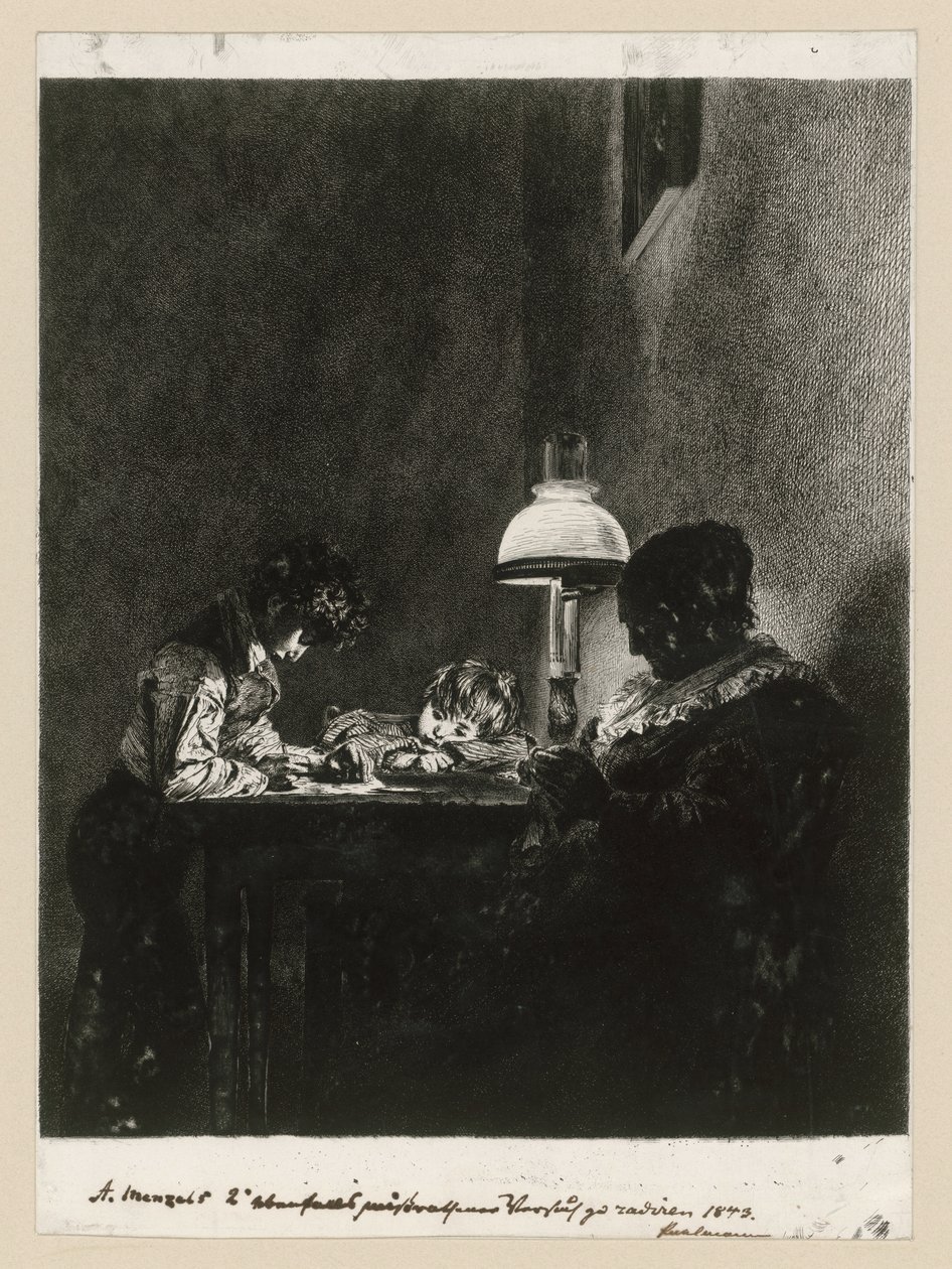 Une famille près de la lampe - Adolph Menzel