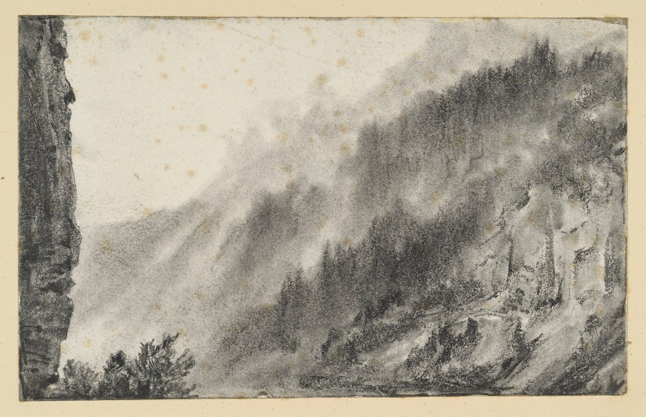 Paysage de montagne avec des brumes ondulantes, une paroi rocheuse se dressant à gauche - Adolph Menzel