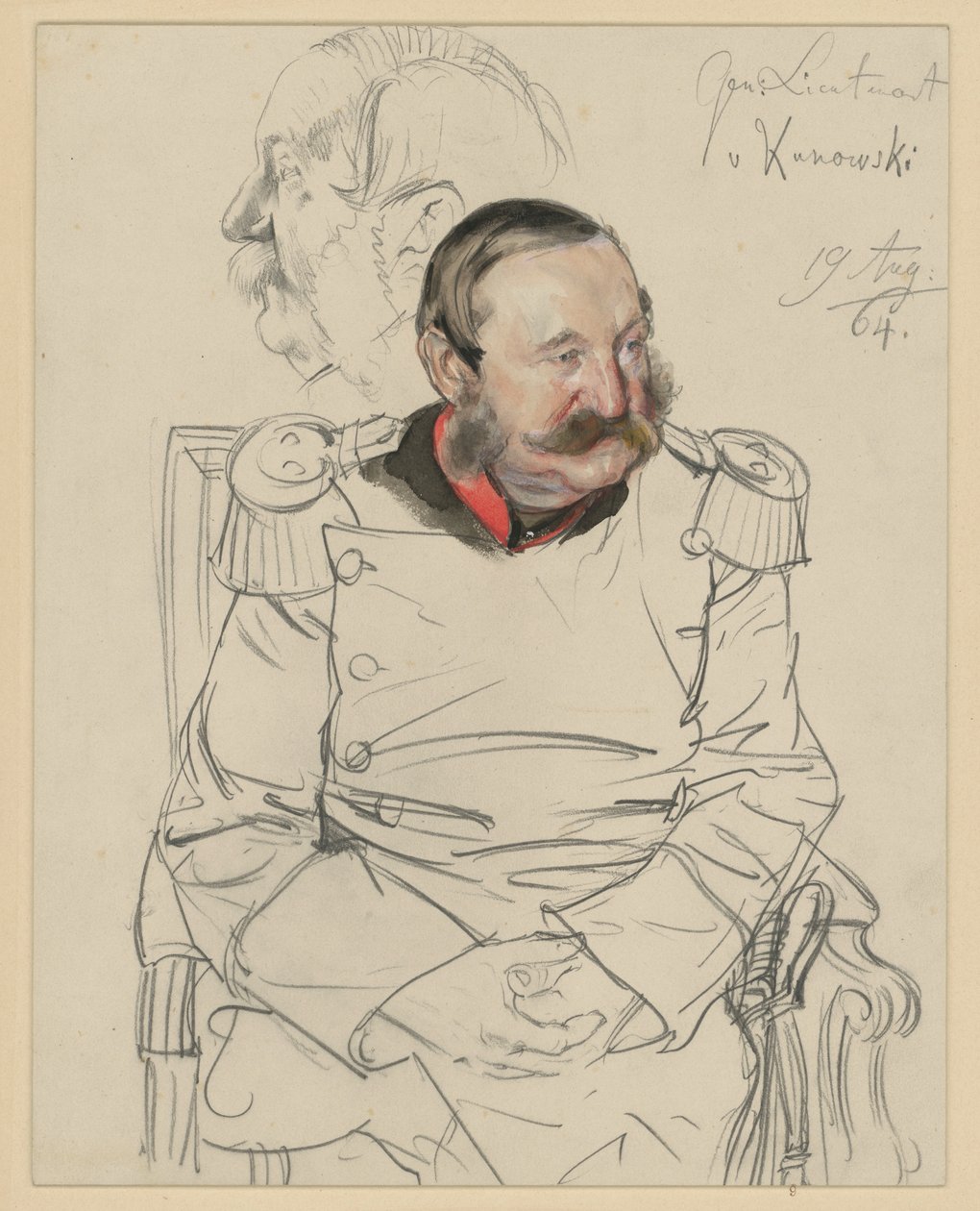 Général de division von Kumowski, genouillère, assis de face, la tête penchée vers la gauche, à gauche : étude de tête de profil vers la gauche, étude de portrait pour « Le couronnement de Guillaume Ier à Königsberg » - Adolph Menzel