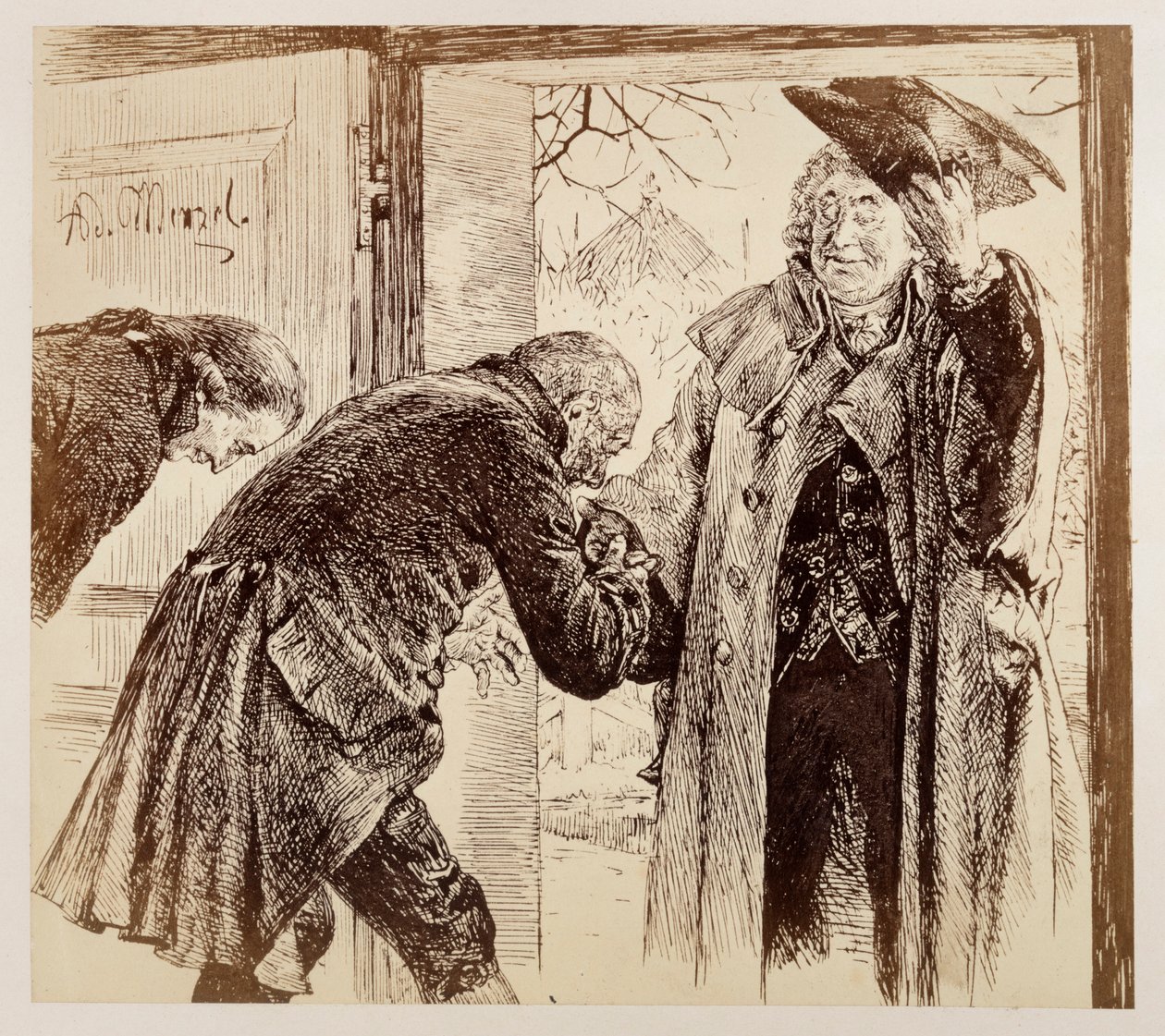 Le juge Walter entre par la porte de droite en soulevant aimablement son chapeau ; il est accueilli avec déférence par Adam et Licht. Extrait de « La cruche cassée » de Heinrich von Kleist - Adolph Menzel
