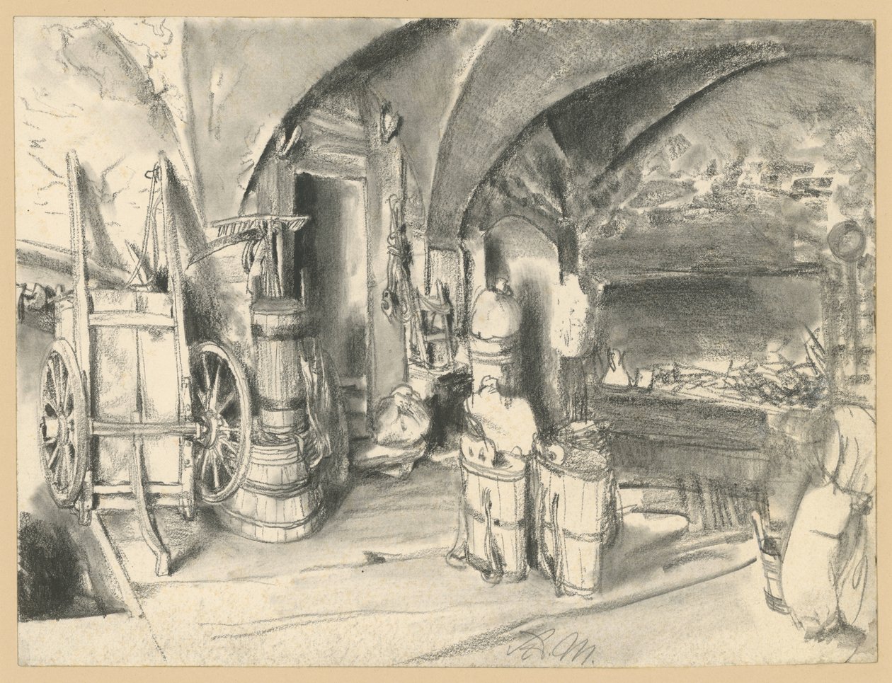 Pièce voûtée abritant des outils ménagers et agricoles - Adolph Menzel