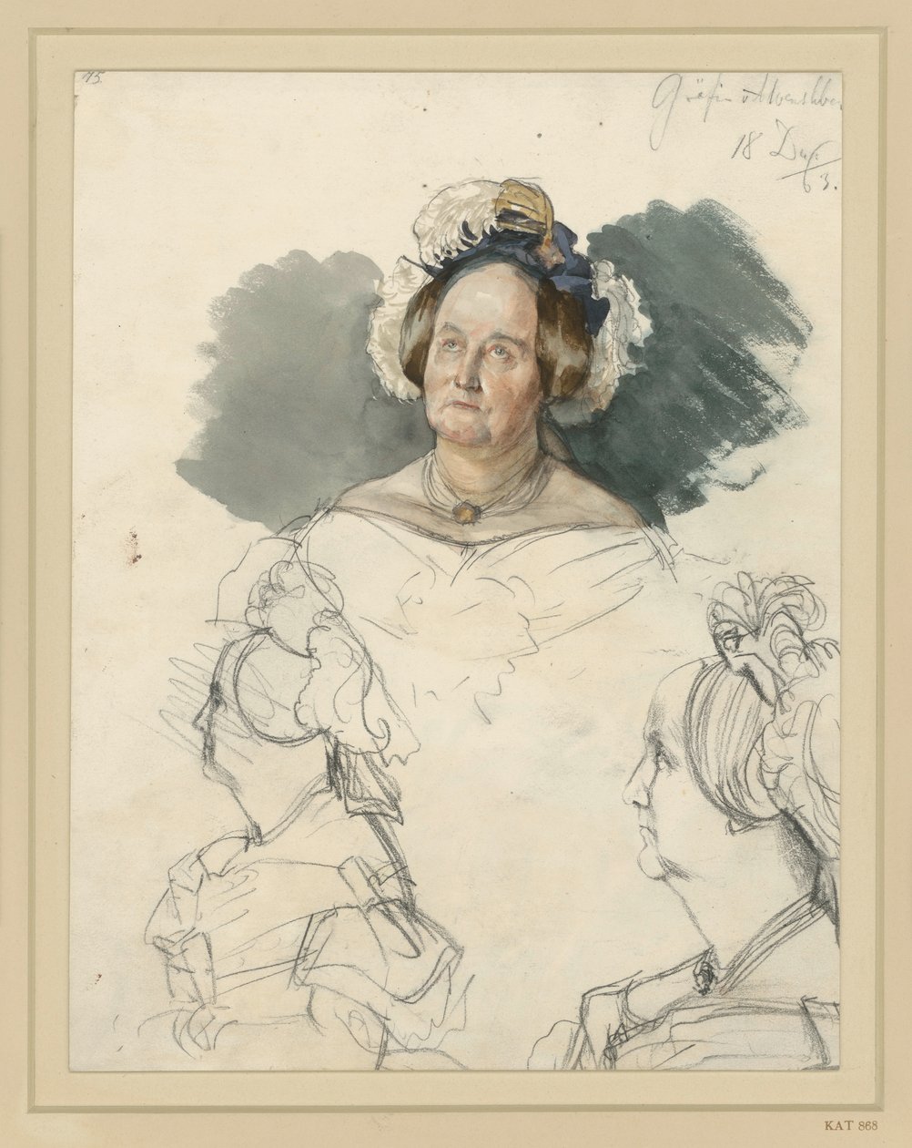 La comtesse Alvensleben, née von der Osten-Sacken. Avec deux portraits en buste. Étude pour le tableau « Le couronnement de Guillaume Ier à Königsberg » - Adolph Menzel