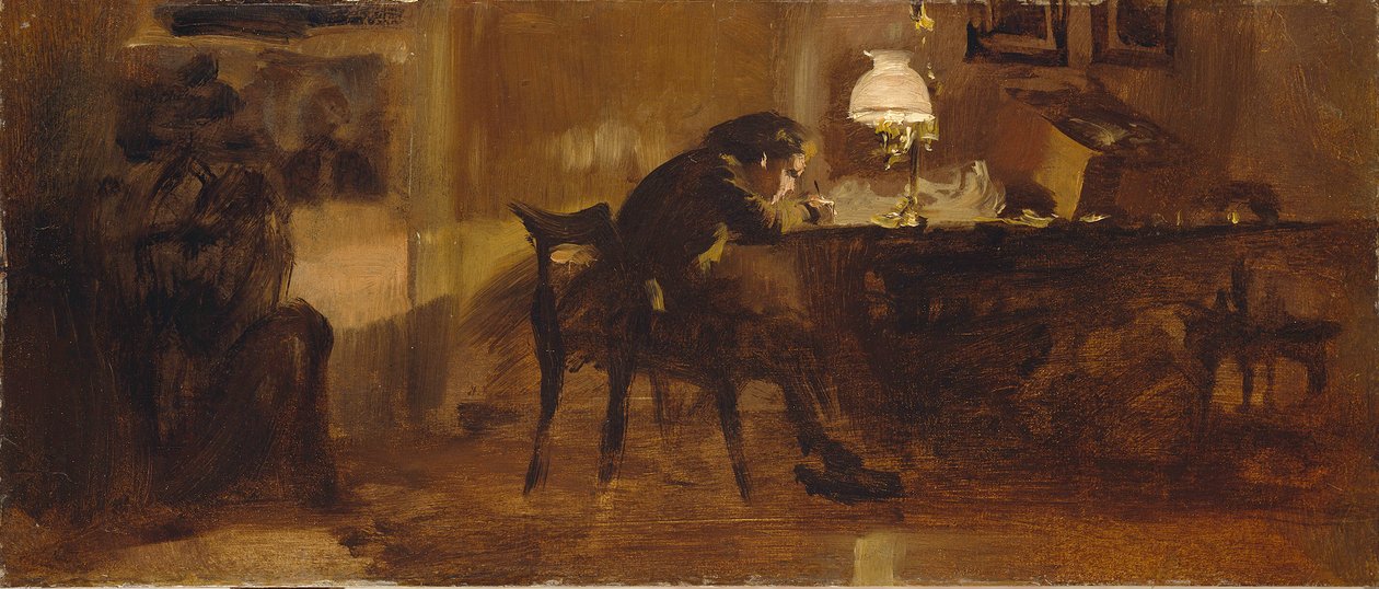 Un garçon assis à son bureau - Adolph Menzel