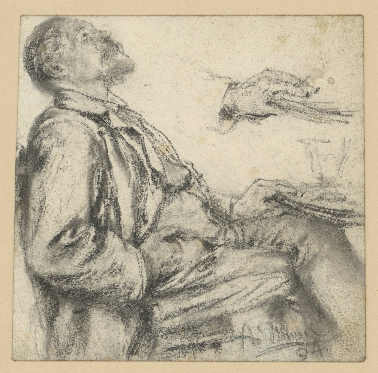 Homme assis à une table, tourné vers la droite, la tête penchée en arrière, le regard levé vers le haut, ainsi qu