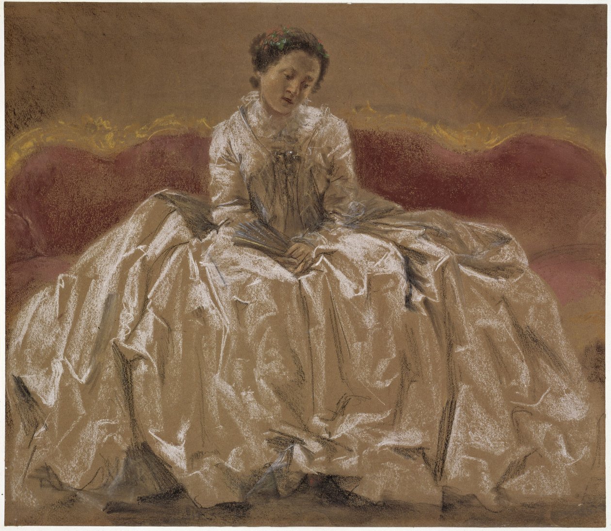 Étude de modèle (Emilie, la sœur de Menzel) représentant la princesse Wilhelmine de Prusse (margrave Wilhelmine de Bayreuth) assise sur un canapé. Étude préparatoire au tableau « Le concert de flûte de Frédéric le Grand à Sanssouci » - Adolph Menzel