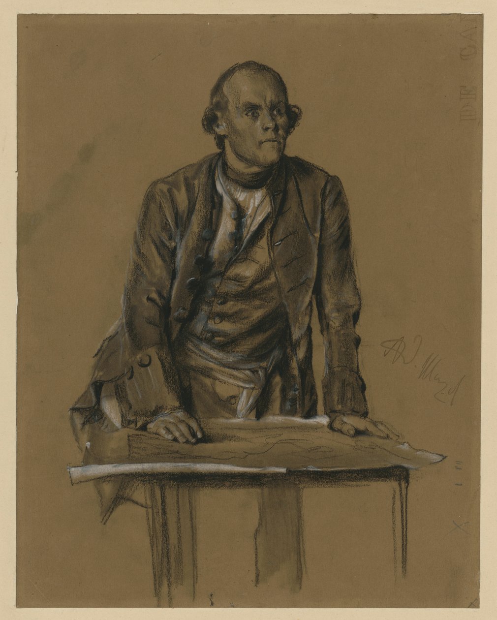 Étude de modèle représentant le prince Henri de Prusse, demi-figure de face penchée sur une table, « À l